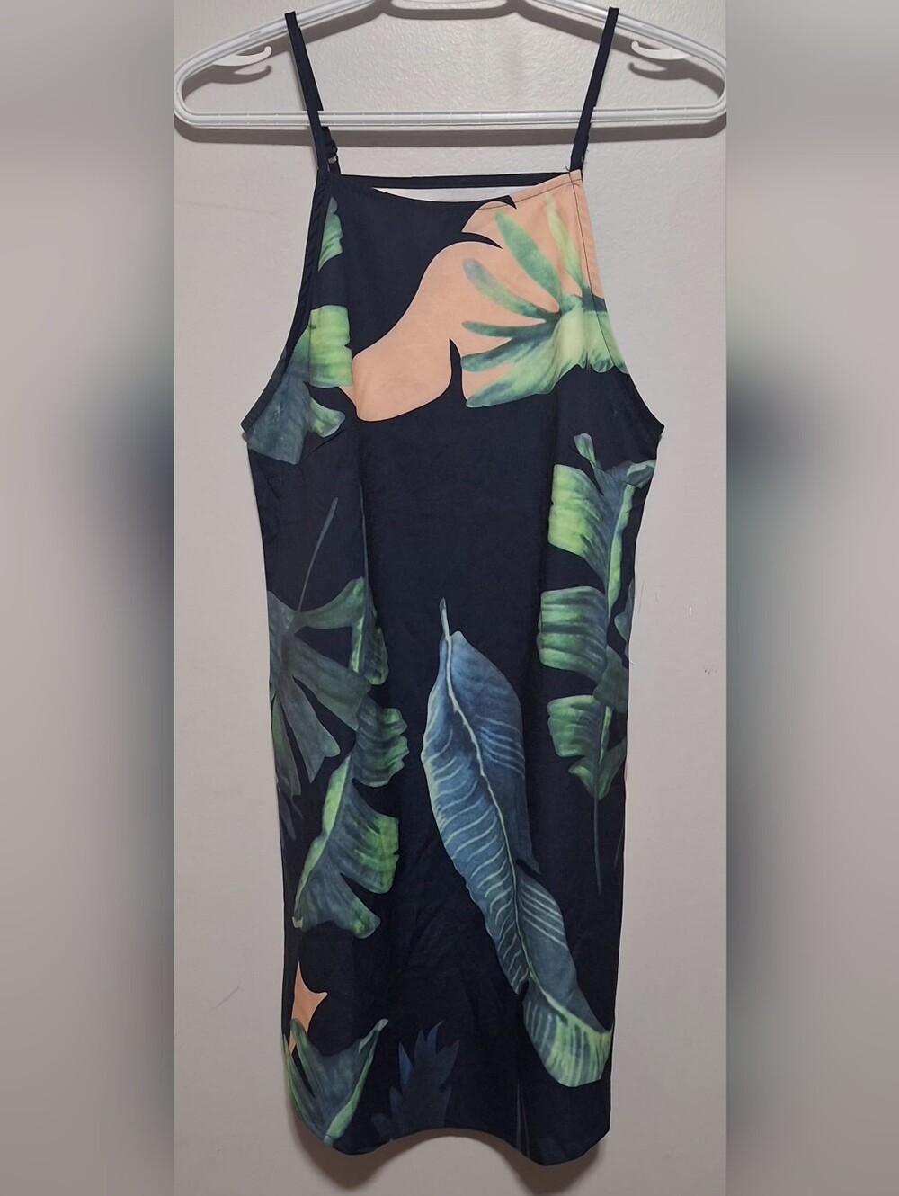 Small Tropical Leaf Print Slip Dress - Black with Green & Peach Leaves